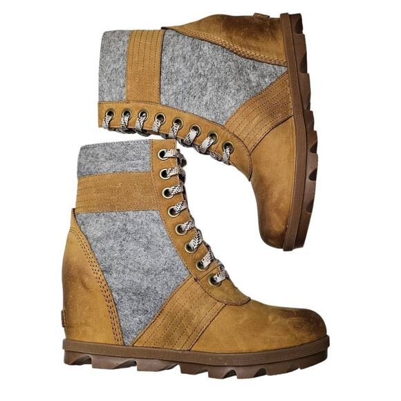 SOREL Wedge Lace-Up Boots – Leather & Wool Blend Tan/Gray  Size 8.5 - Picture 2 of 13